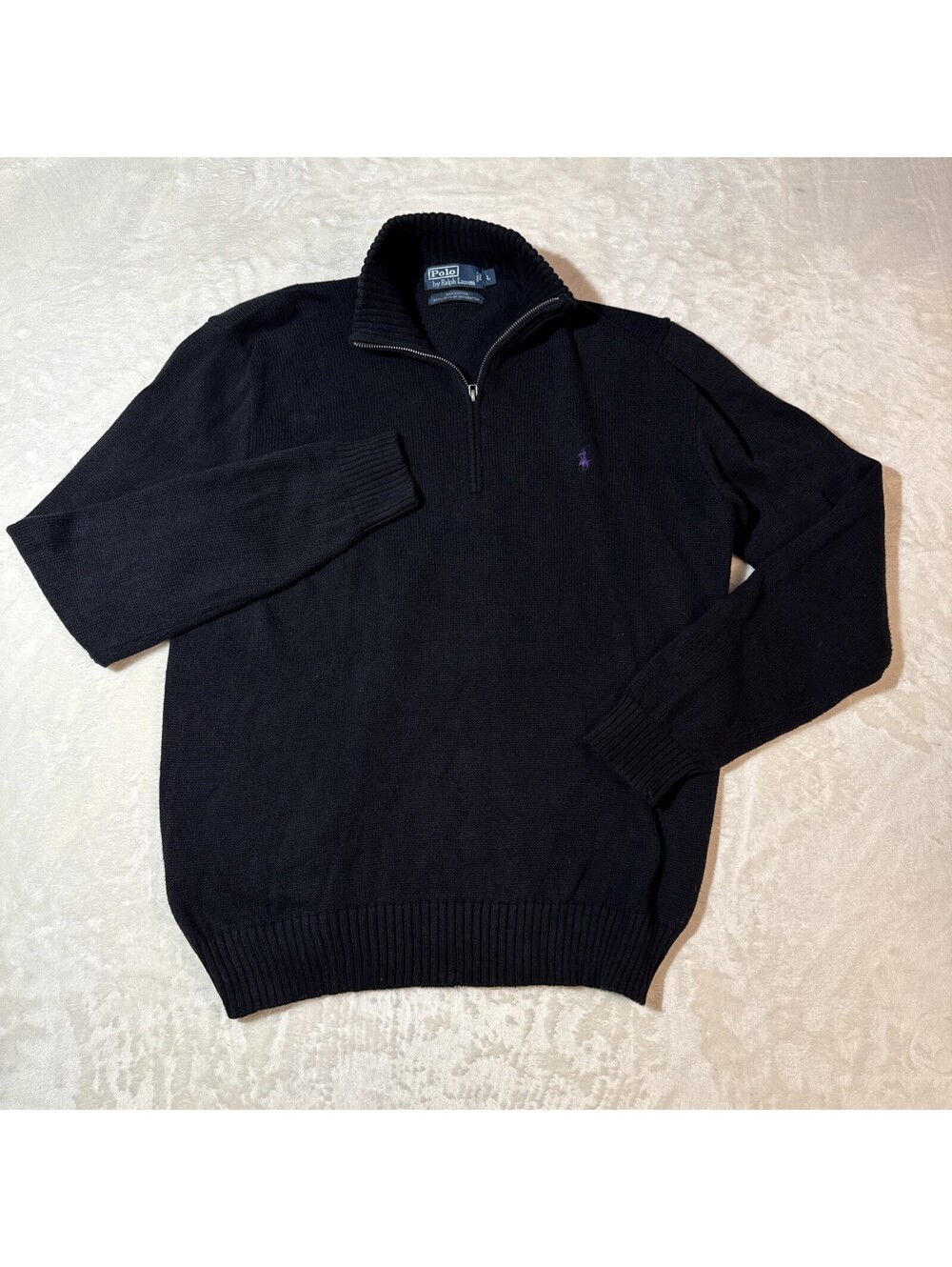 VINTAGE Polo Ralph Lauren Sweater Mens L Black 1/4 Zip Cotton Knit Mock Neck 90s